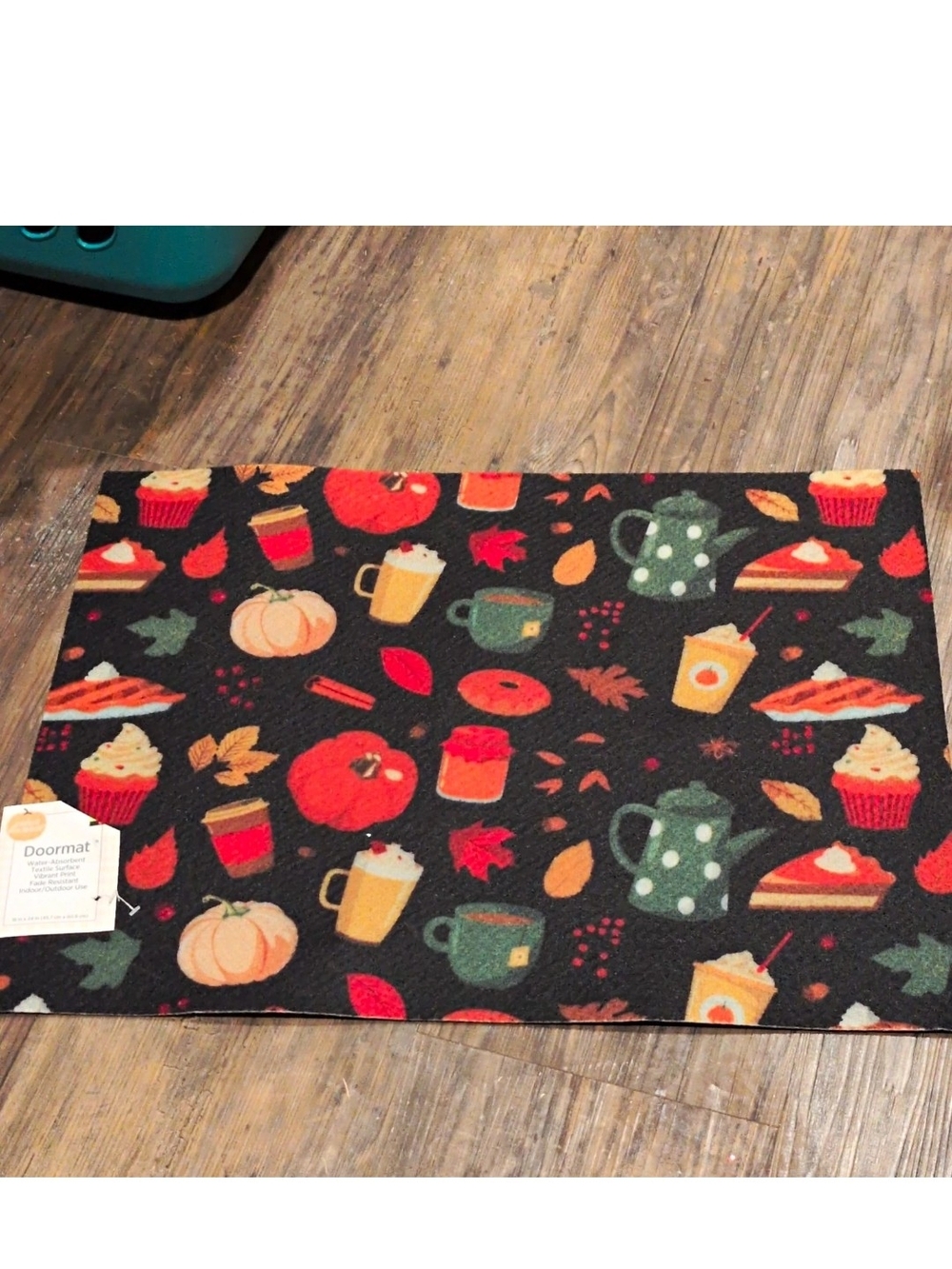 Autumn Harvest Black Doormat with Pumpkin and Tea Motif. 18x24